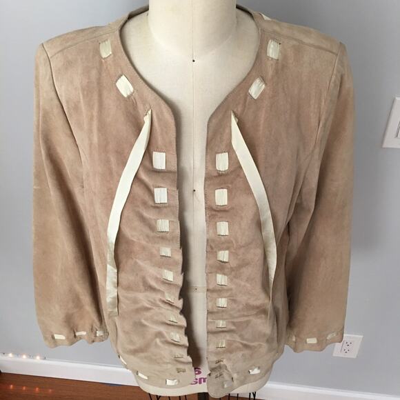 Bradley Bayou Beige Tan Genuine Suede Ribbon Trim Leather Jacket Cottage Core M - Picture 9 of 11